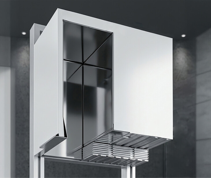 Cassonetto avvolgibile moderno con ampie superfici e linee pulite, inserito in un interno con pareti grigie.