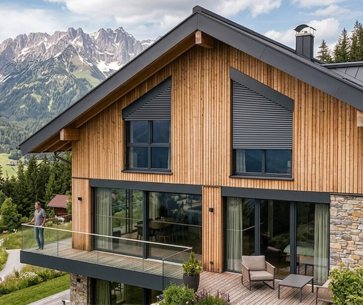 Modernes Holzhaus mit großen Fenstern, Schrägrolläden und Balkon vor Bergkulisse mit Nadelwald.