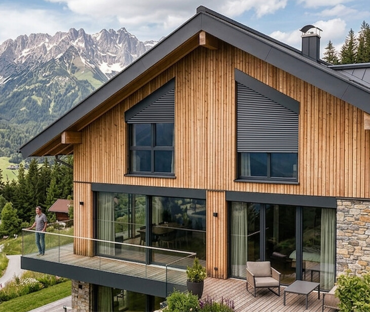 Casa moderna in legno con ampie finestre, tapparelle angolari e balcone affacciata su uno sfondo montuoso con foresta di conifere.