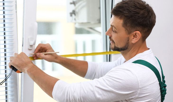 Mann mit kurz geschnittenem Haar misst mit Maßband und Bleistift an einem weißen Fensterrahmen