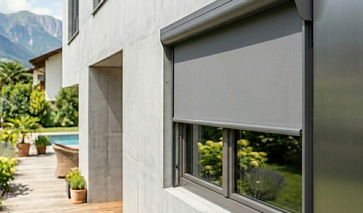 Hausfassade aus Beton mit geschlossenem grauem Rollladen und Fenster mit Spiegelung von Garten und Bäumen