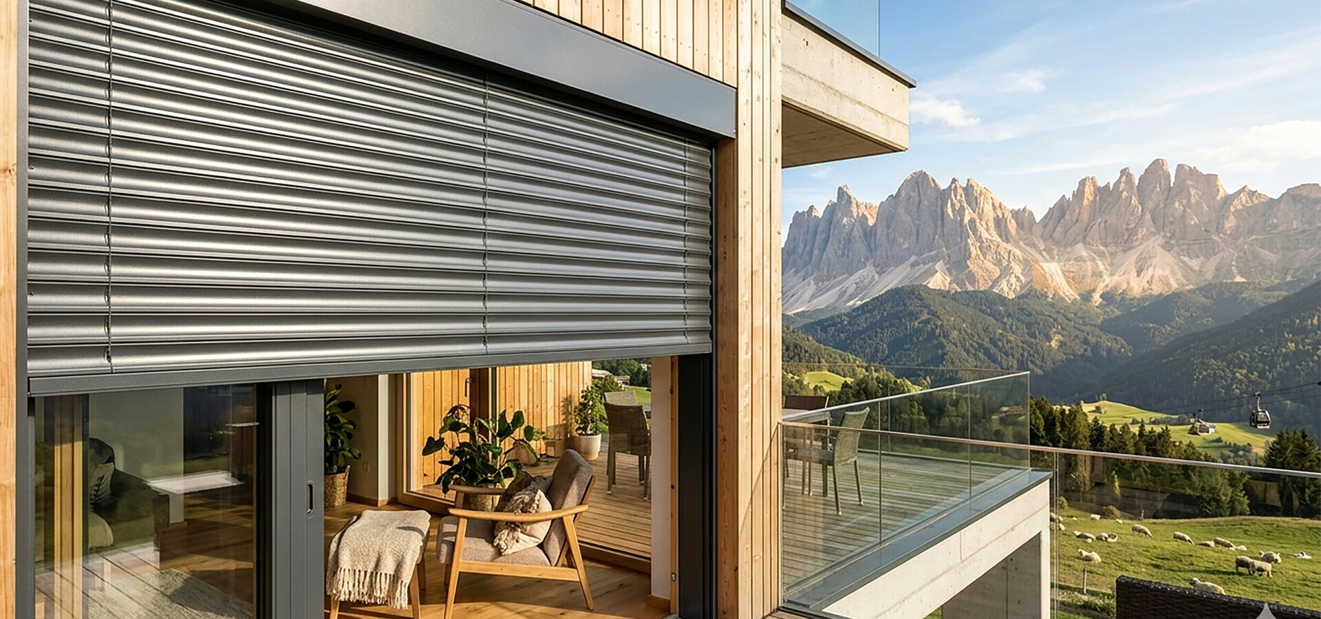 Holzhaus mit großer Glasfront und halb heruntergelassenem Rollladen vor Bergpanorama.