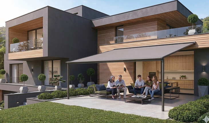 Modernes zweistöckiges Haus mit Holzverkleidung, einer Pergolamarkise und großer Terrasse, auf der vier Personen auf einer Sitzgruppe sitzen.