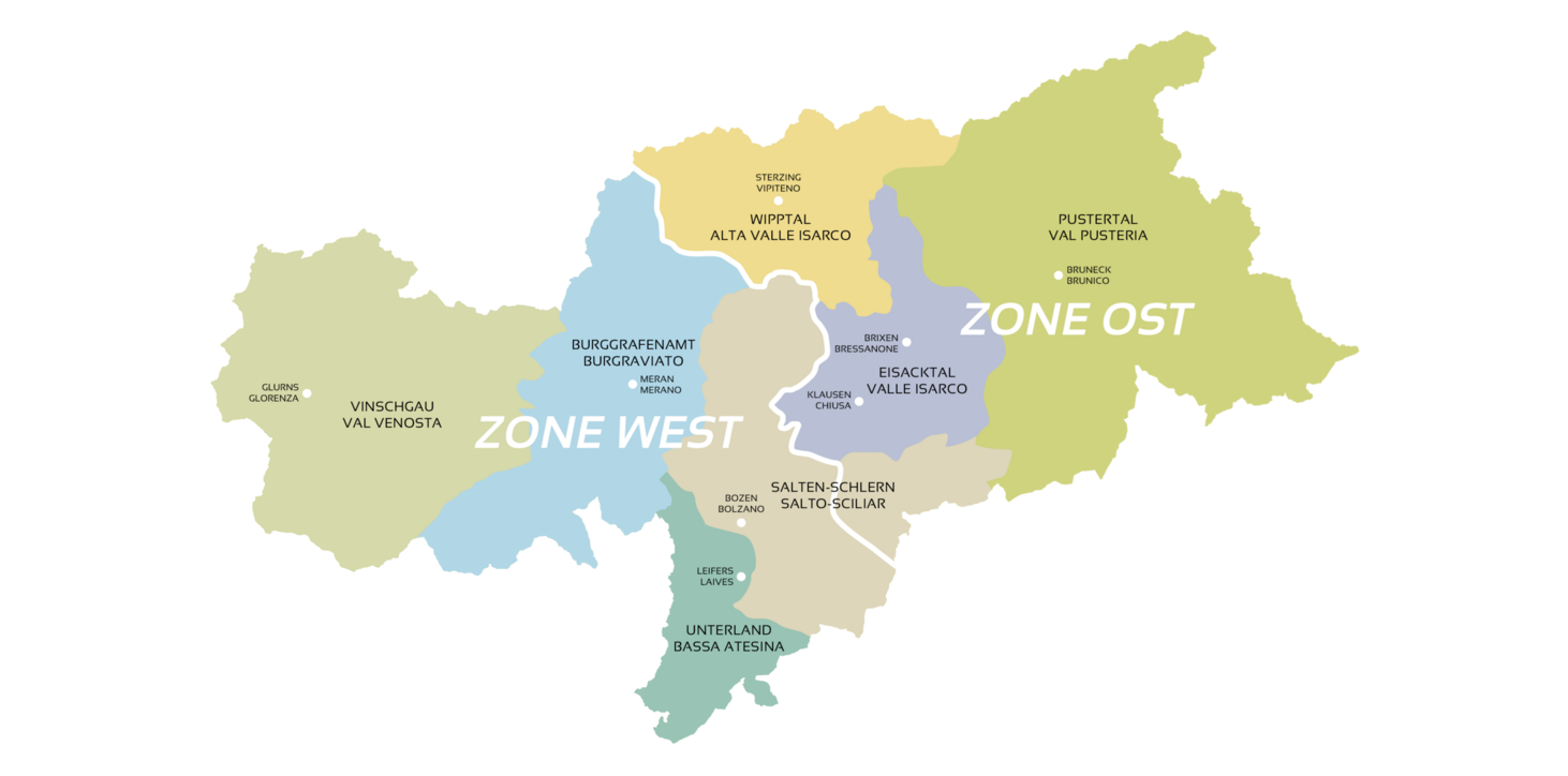 Karte von Südtirol mit farblich markierten Zonen West und Ost und den jeweiligen Ortsnamen.