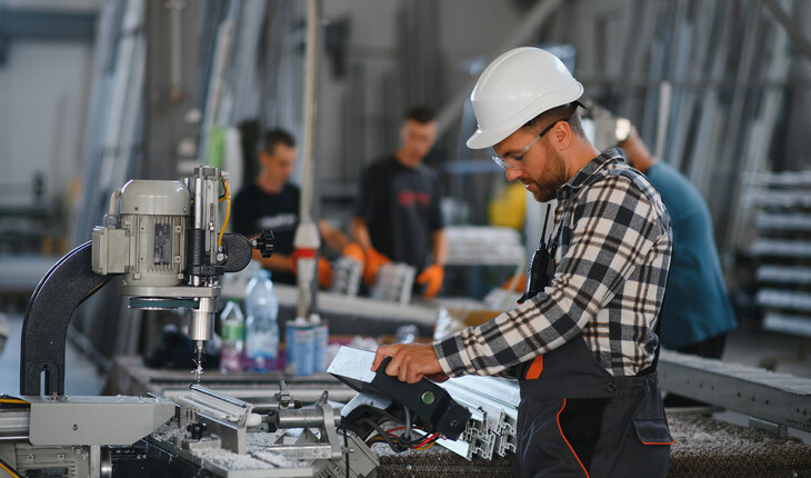 Arbeiter mit weißem Helm und kariertem Hemd bedient eine Maschine in einer Werkhalle mit mehreren Personen im Hintergrund.