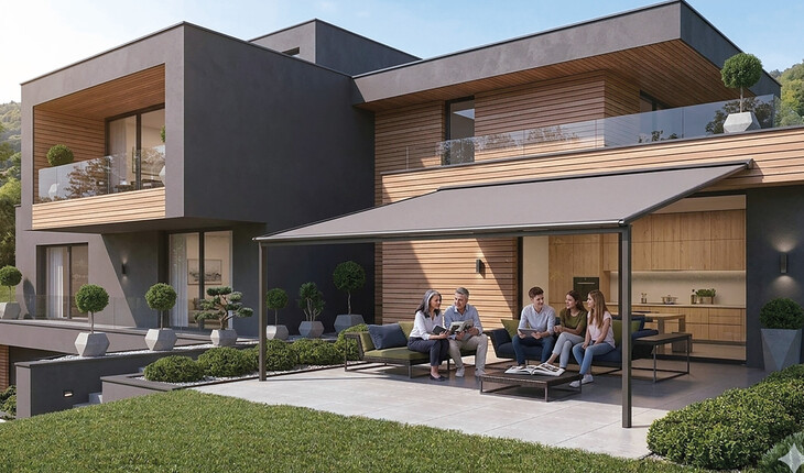 Modernes zweistöckiges Haus mit Holzverkleidung, einer Pergolamarkise und großer Terrasse, auf der vier Personen auf einer Sitzgruppe sitzen.