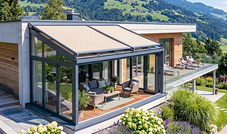Moderner Wintergarten mit Glasdach, Wintergartenmarkiese und Sitzmöbeln an einem Holzhaus in ländlicher Berglandschaft.