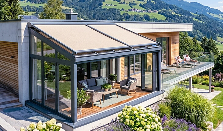 Moderner Wintergarten mit Glasdach, Wintergartenmarkiese und Sitzmöbeln an einem Holzhaus in ländlicher Berglandschaft.