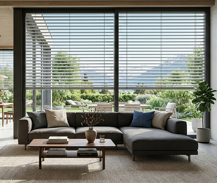 Modern eingerichtetes Wohnzimmer mit großem Fenster, Raffstores und grauem Ecksofa.