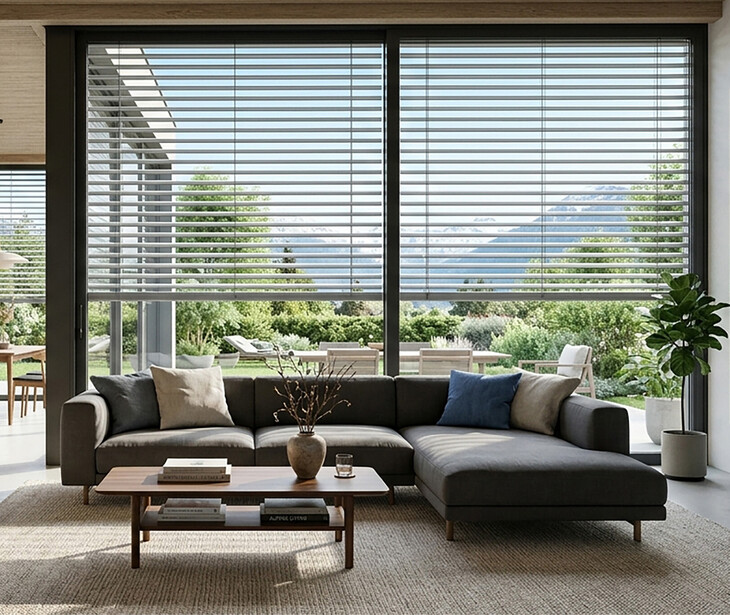 Soggiorno arredato in stile moderno con ampia finestra, Raffstores e divano angolare grigio.